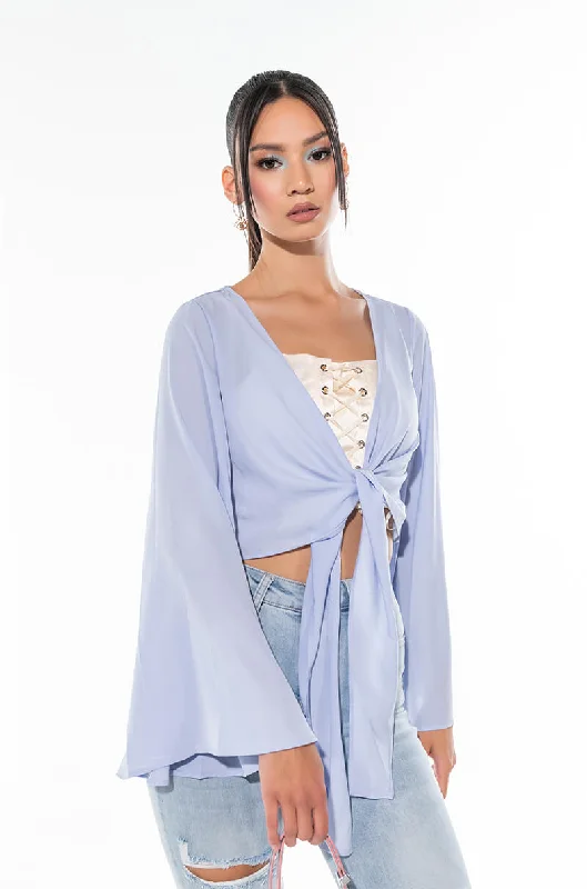 THE ONE AND ONLY SATIN TIE FRONT BUTTERFLY BLOUSE LIGHT BLUE