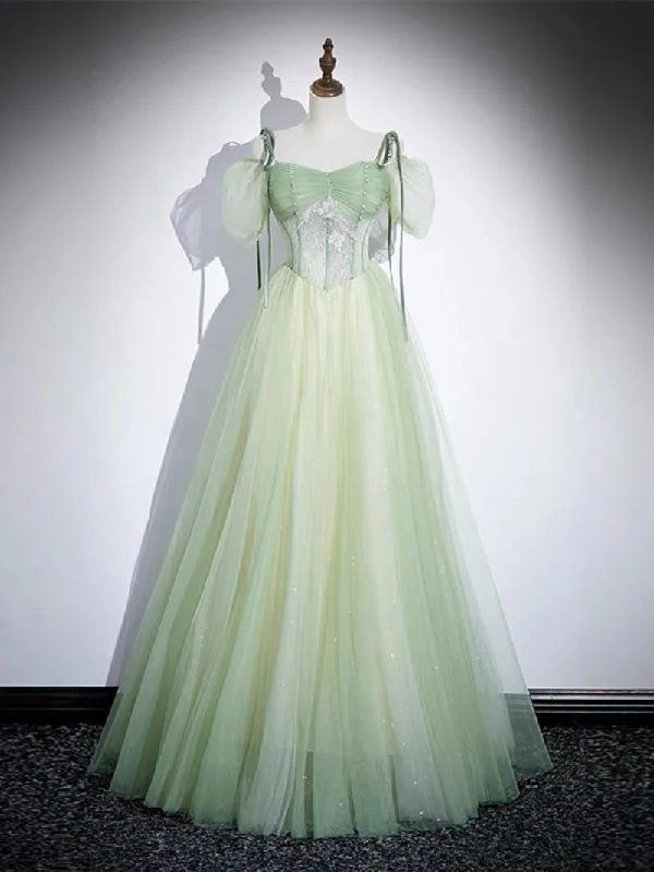 A-Line Tulle Lace Green Long Prom Dress, Green Long Evening Dress