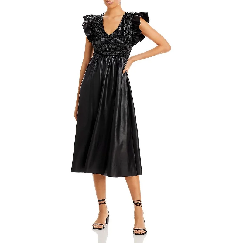 En Saison Womens Faux Leather Flutter Sleeve Midi Dress