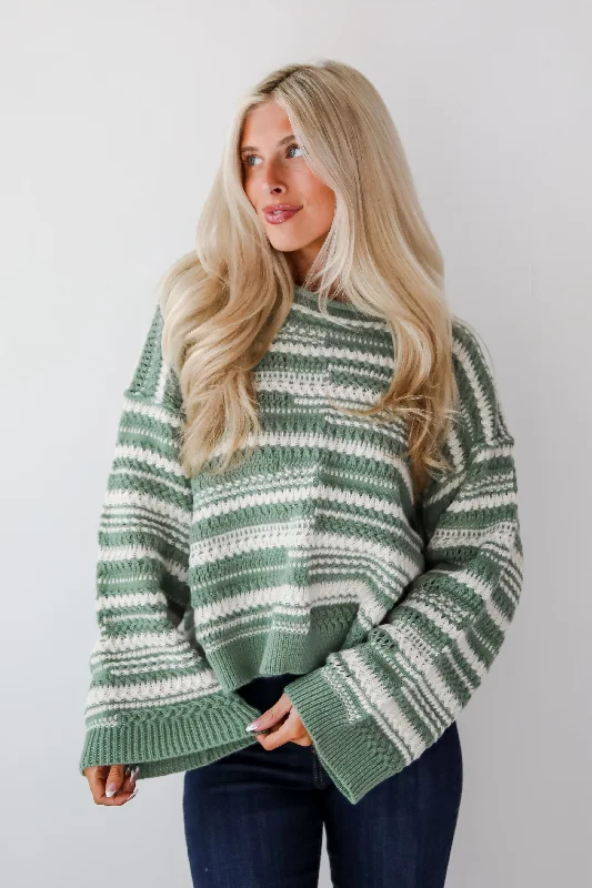 Cozy Conclusion Green Striped Sweater