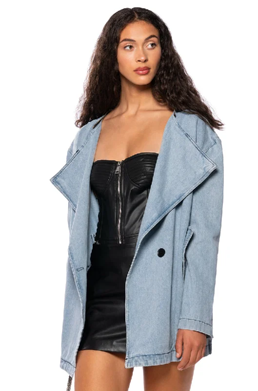 BUSINESS IN THE FRONT DENIM BLAZER MIDI DRESS