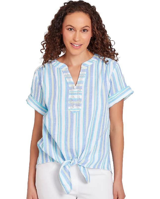 Ruby Road Petite Bali Blue Crinkle Stripe Top