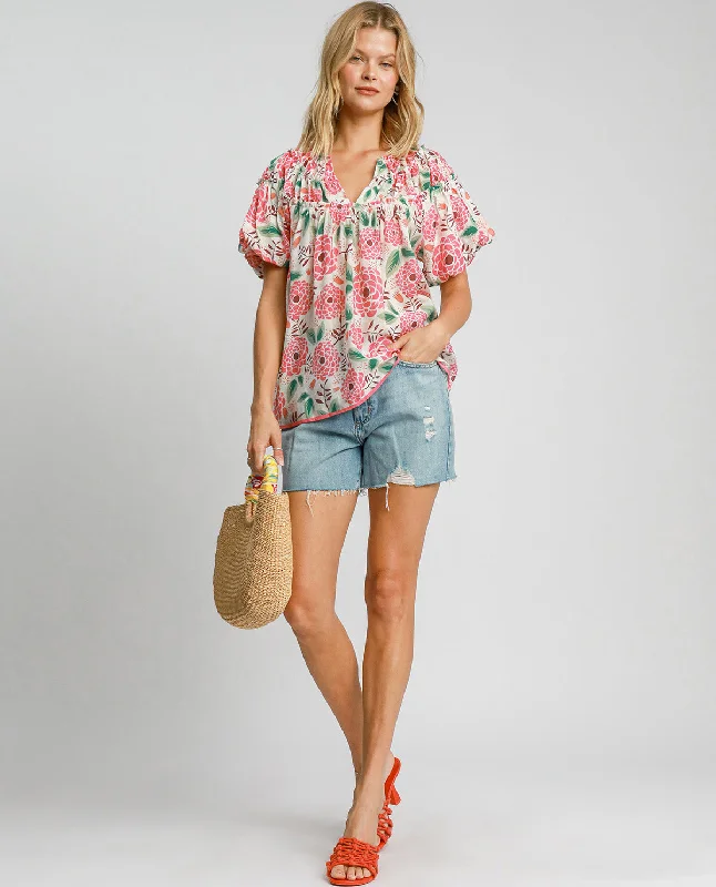 Floral Print Top with Puffed Sleeves