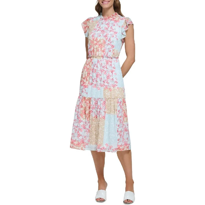 DKNY Womens Floral Tiered Midi Dress