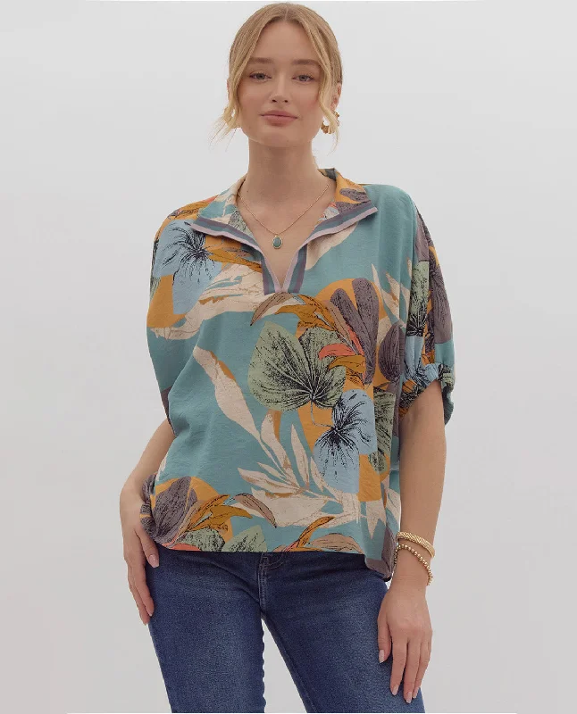 Drop Shoulder Floral Print Collared Top