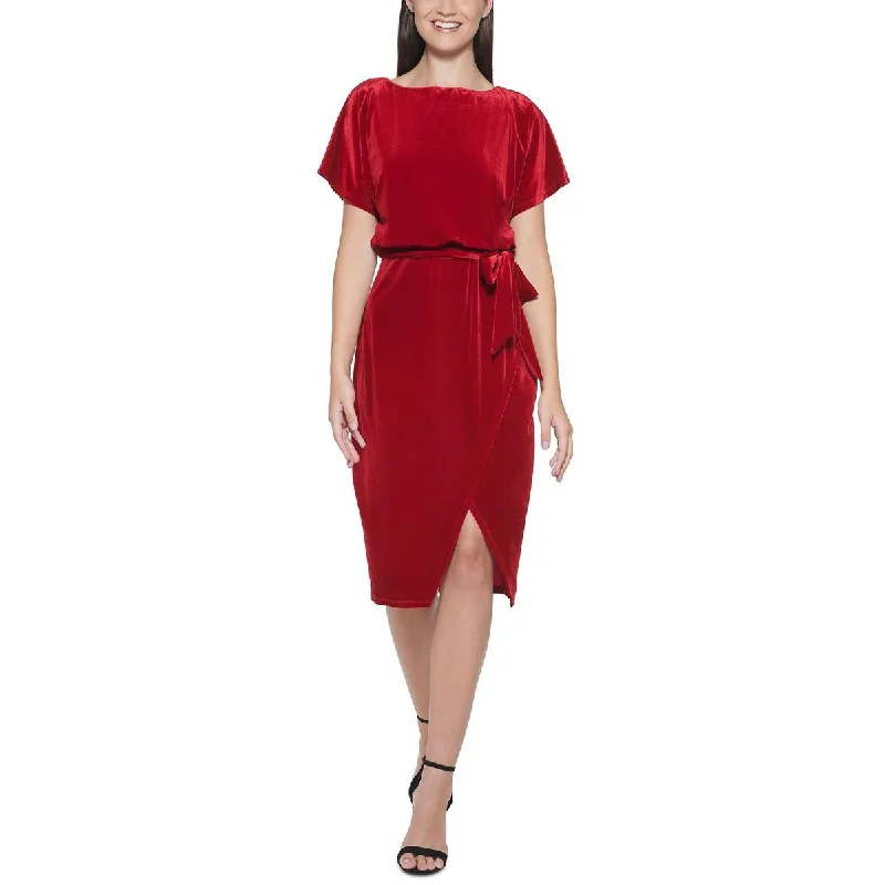 Kensie Dresses Womens Velvet Boatneck Midi Dress