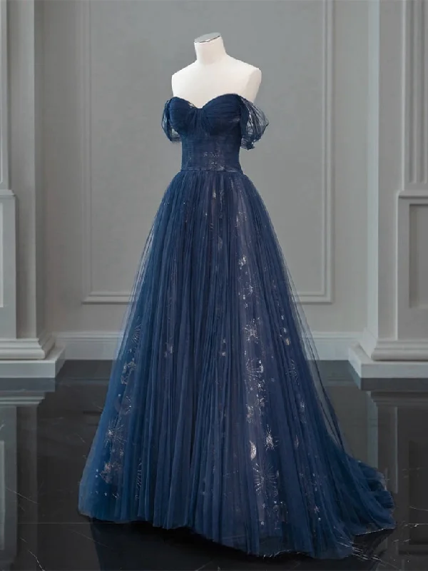 A-Line Off Shoulder Tulle Lace Dark Blue Long Prom Dress, Dark Blue Long Evening Dress