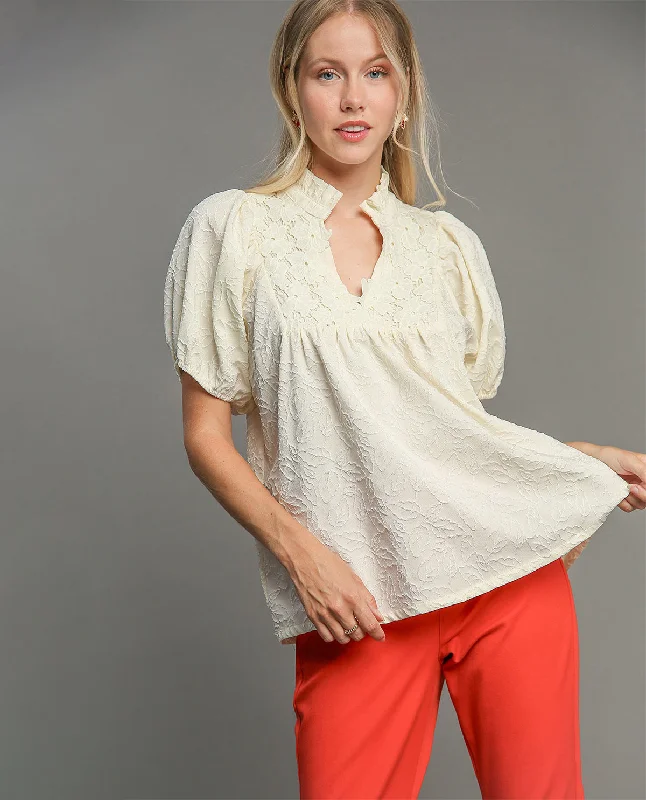 Jacquard High Neck Top with Lace