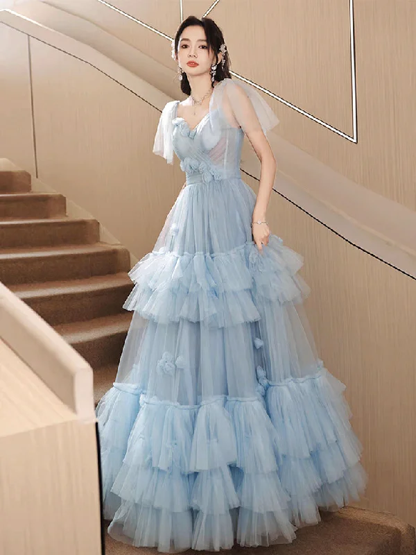 A-Line Tulle Blue Long Prom Dress, Blue Tulle Long Evening Formal Dress