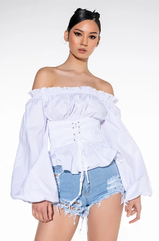 KIYA OFF SHOULDER LACE UP POPLIN BLOUSE