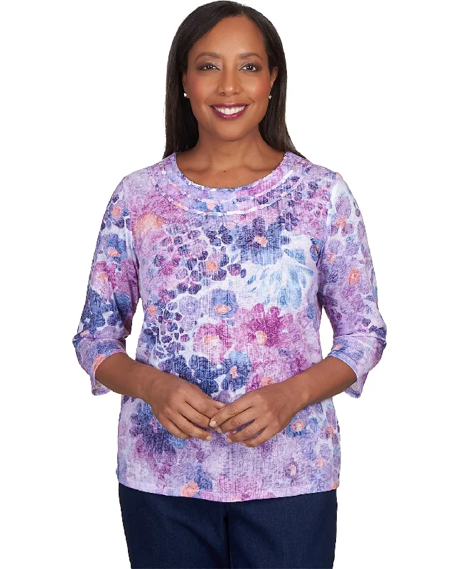 Alfred Dunner Lavender Fields Watercolor Floral Knit Top