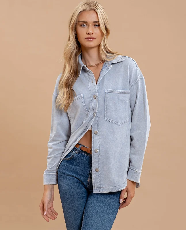 Washed Chambray Collared Button-Down Oversize Top