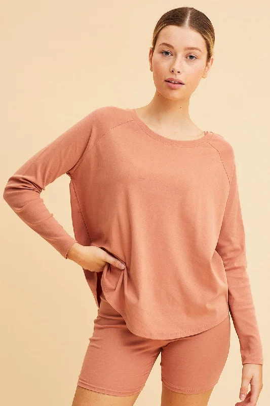 Orange Cotton Top Long Sleeve Relaxed Fit Curved Hem