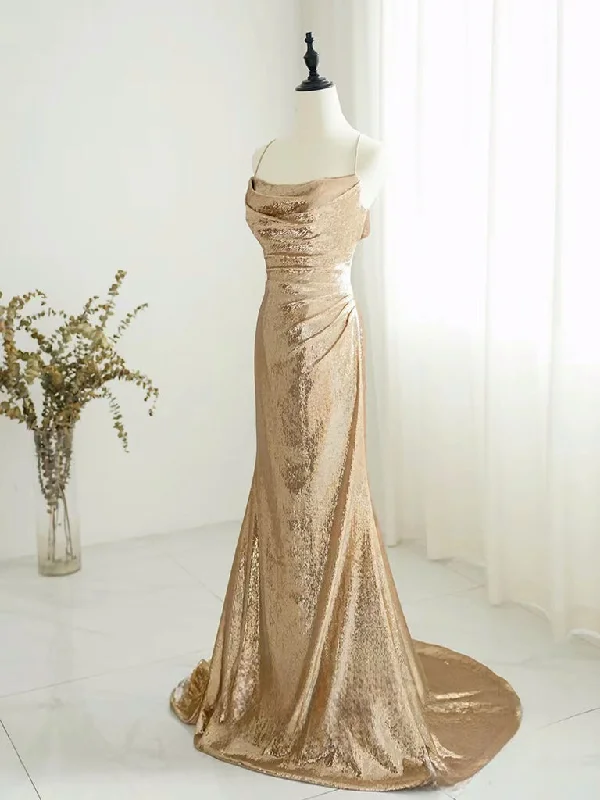 Champagne Backless Sequin Long Prom Dress, Sequin Champagne Long Evening Dress