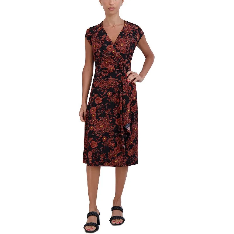 Signature By Robbie Bee Womens Petites Floral Midi Wrap Dress