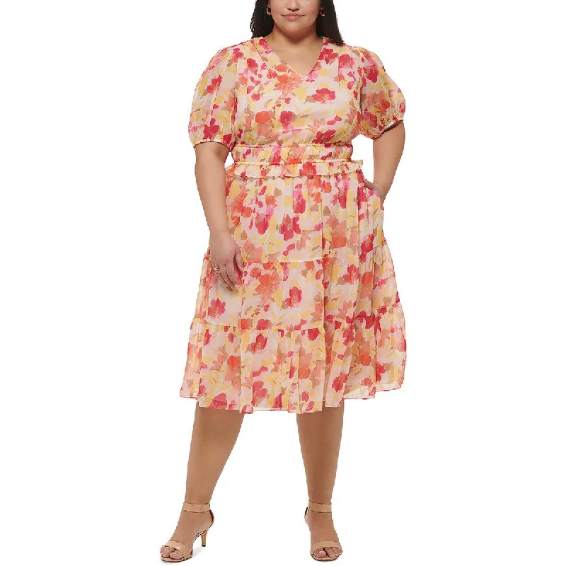 Jessica Howard Womens Plus Chiffon Floral Midi Dress