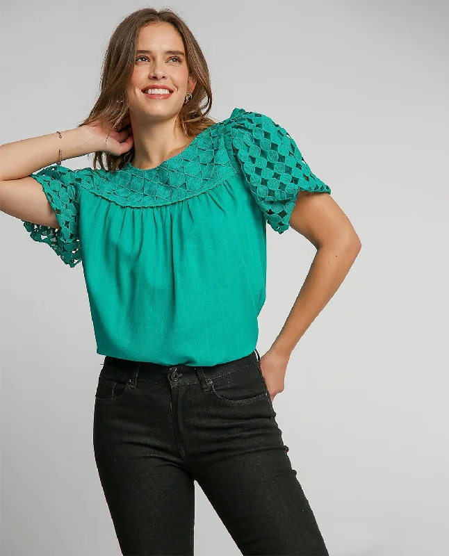 Linen Mix Polka Dot Lace Top