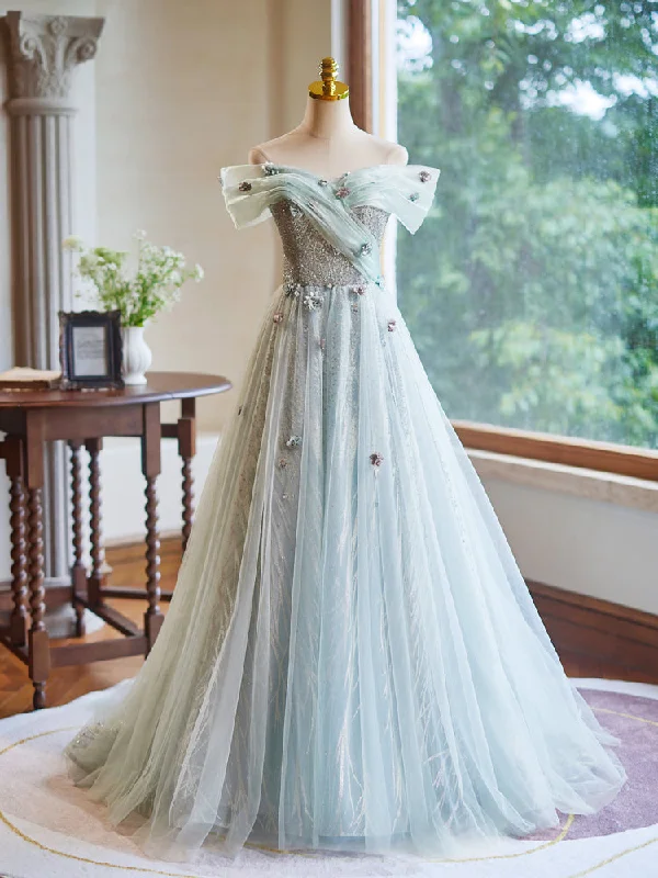 A-Line Off Shoulder Tulle Green Long Prom Dress, Green Long Evening Dress