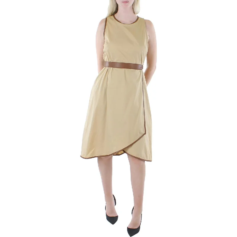 DKNY Womens Faux Leather Trim Sleeveless Midi Dress