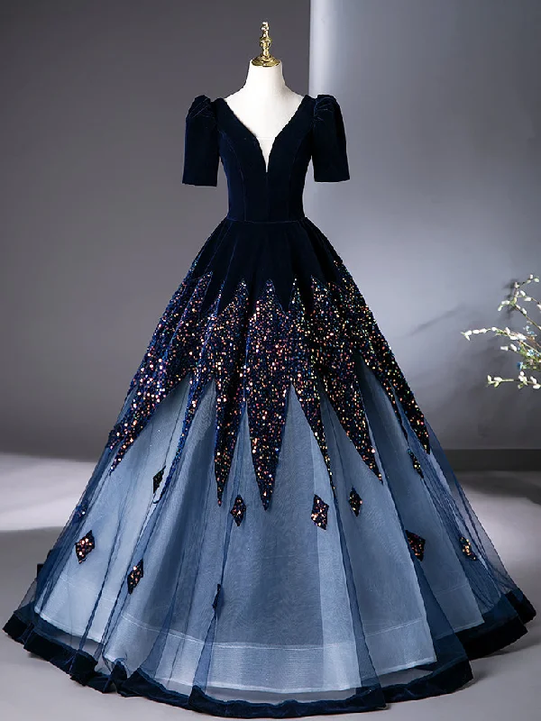 A-Line V Neck Velvet Tulle Dark Blue Long Prom Dress, Dark Blue Long Evening Dress