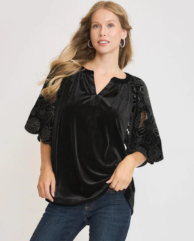 Velvet Top with Floral Sleeve