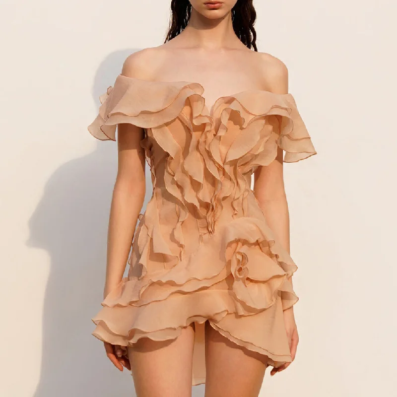 Ethereal Chiffon Deep V Off The Shoulder Layered Ruffle Rosette Mini Dress