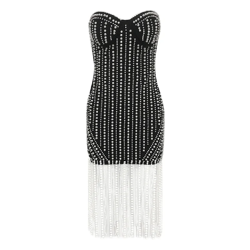 Luxury Strapless Bustier Bodycon Bandage Imitated Pearl Fringe Mini Dress