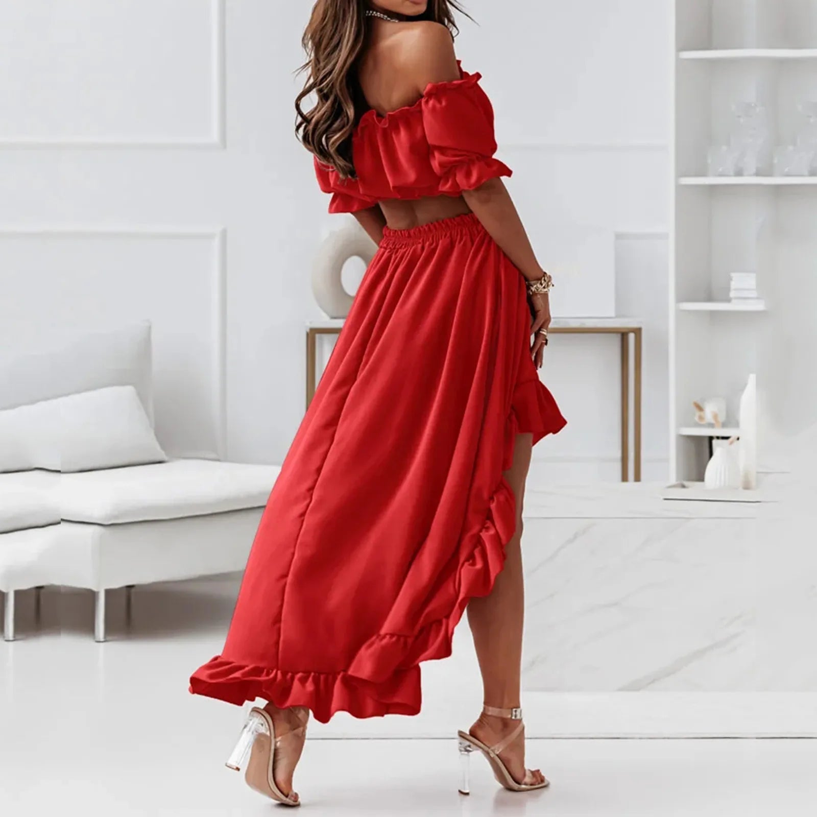 JuliaFashion - Women's New One-Piece Collar Party Ruffle Sexy Waistless Puff Sleeve Two-Piece Suit Long Maxi Female Vestidos Dress