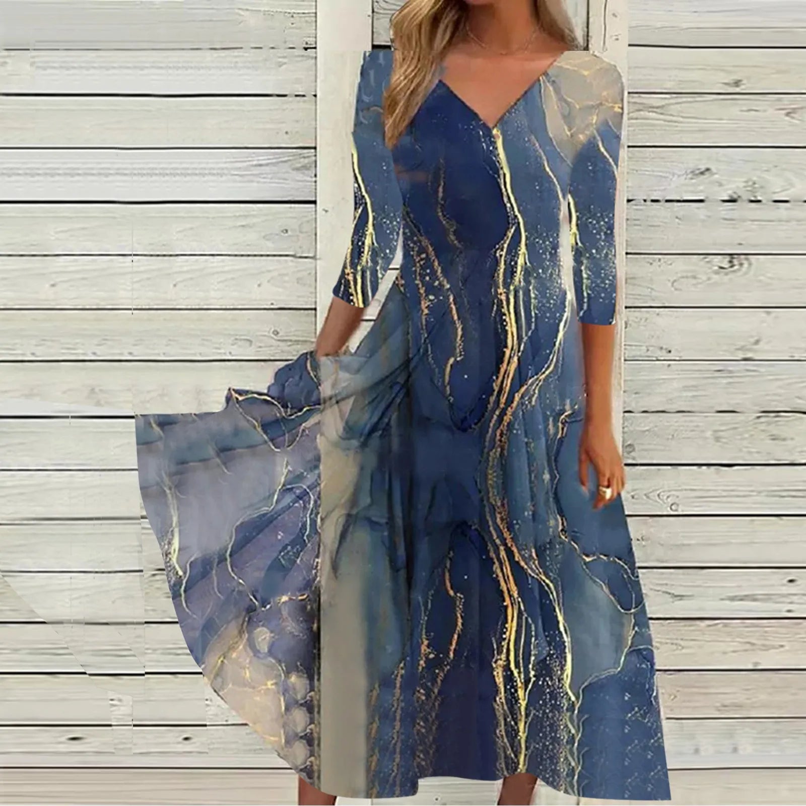 Casual Fashion Chiffon V Neck Long Sleeved With Large Hem Spring Vintage Printed Long Maxi Vestidos Mujer Dress