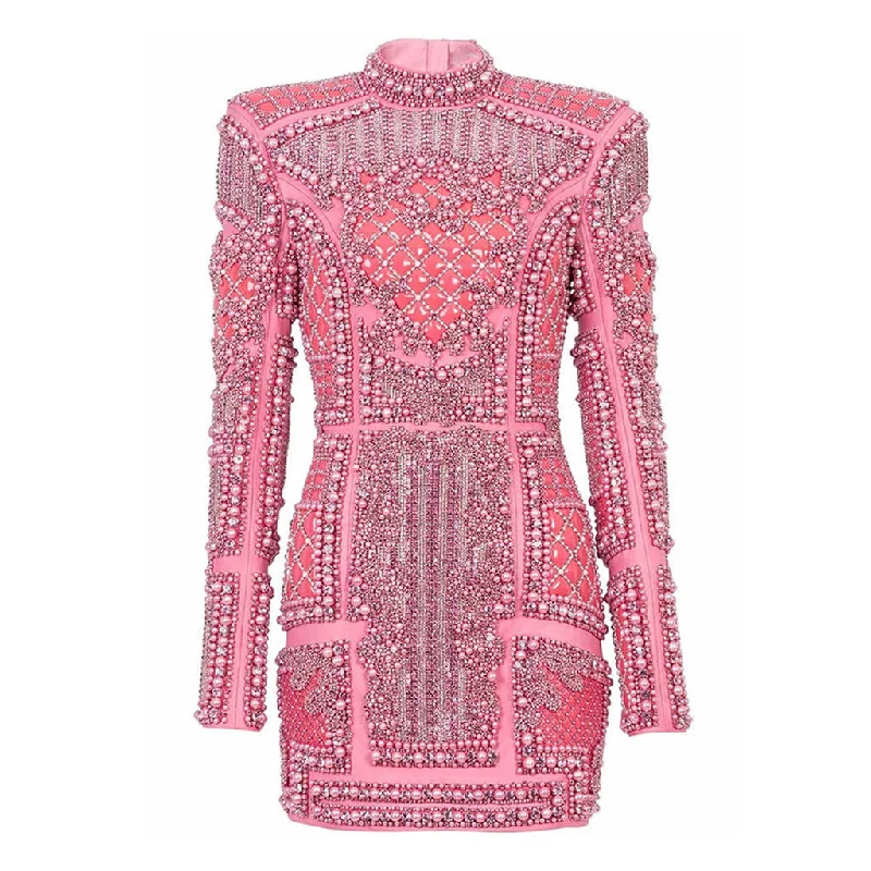 Baroque Beaded Sequin Embellished High Neck Long Sleeve Mini Party Dress