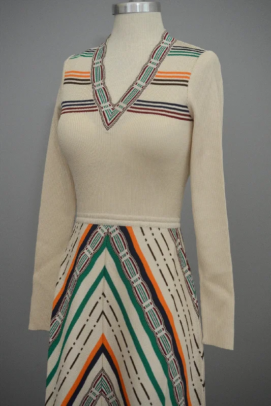 MOD Vintage 1970s Cream Chevron Stripes A-Line Maxi Knit Dress by Crissa Made in Italy