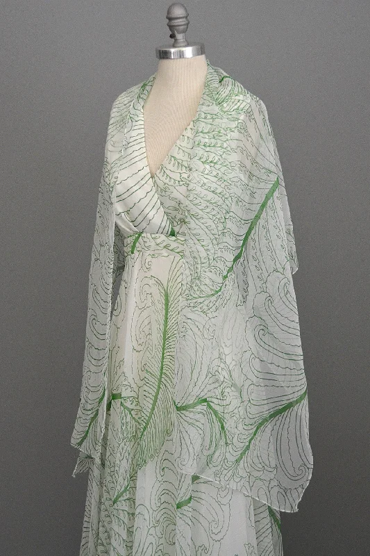 1970s Feather Print Chiffon Baby Doll Maxi Dress with Matching Shawl