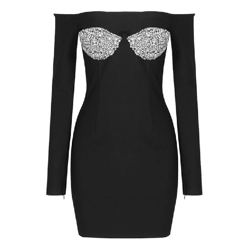 Sparkly Crystal Bra Embellished Off Shoulder Long Sleeve Mini Bandage Dress