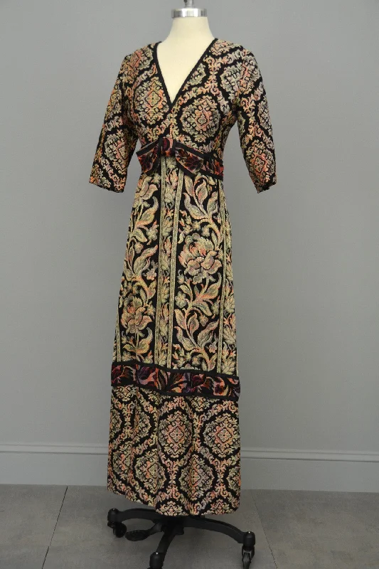 1970s Floral Tapestry Boho Festival Maxi Dress