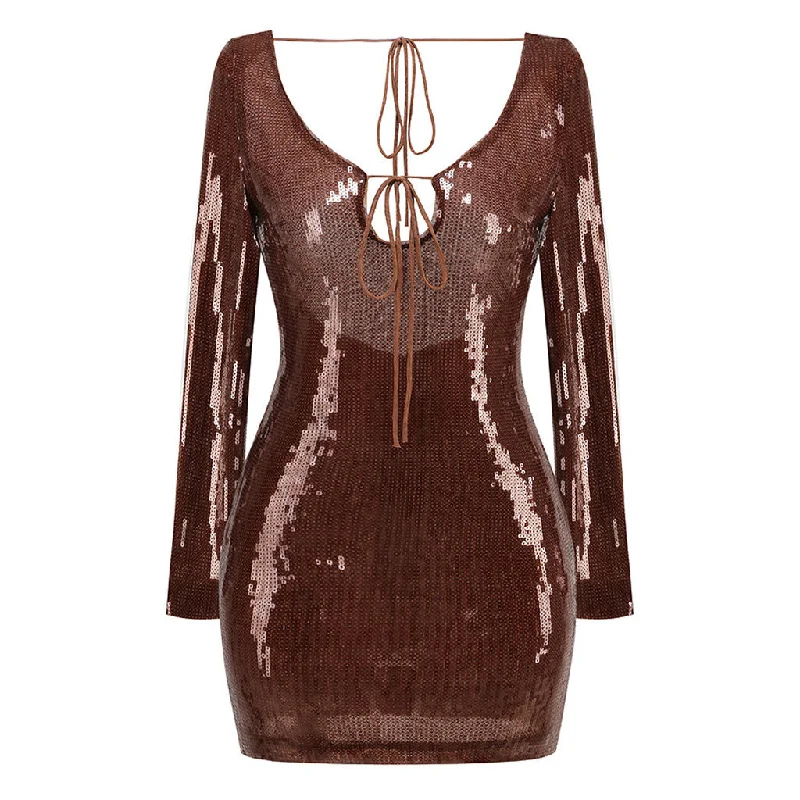 90s Tie Neck Long Sleeve Sequin Embellished Backless Mini Party Dress