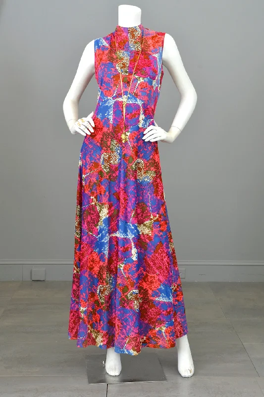 1970s Vibrant Fuchsia Pink Purple Atomic Print Jersey Maxi Dress