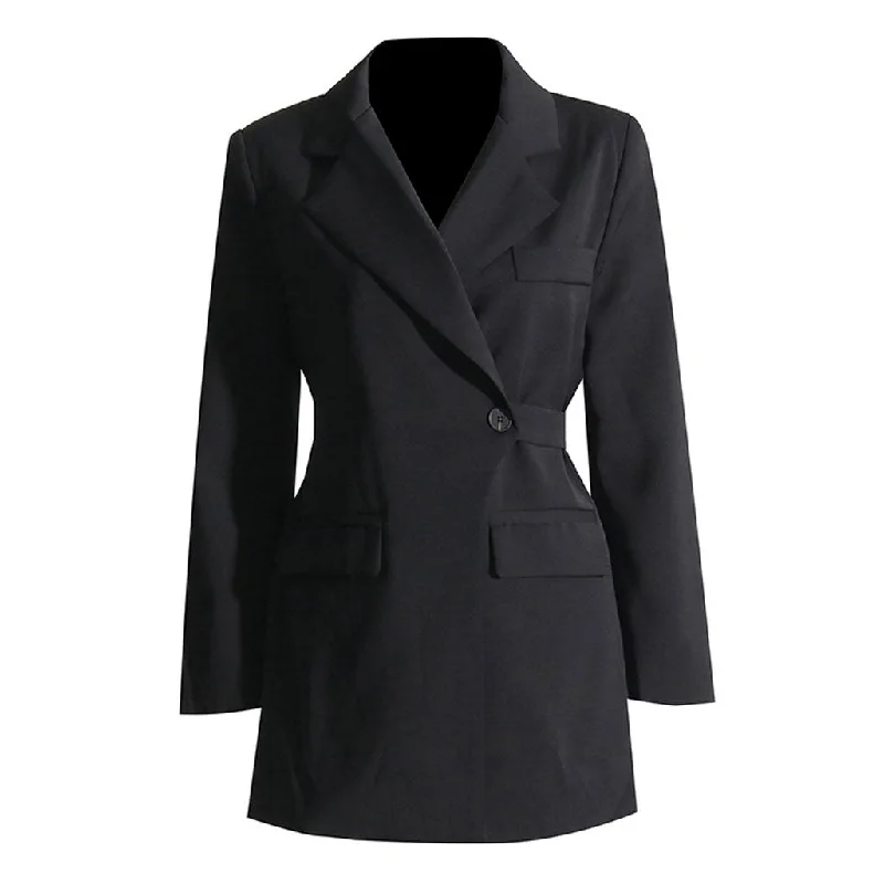 Asymmetrical Lapel Padded Shoulder Single Button Belted Mini Blazer Dress