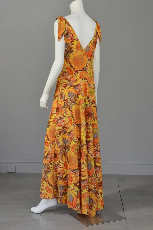 30s Sunflower Print Mermaid High Low Maxi Dress Gown