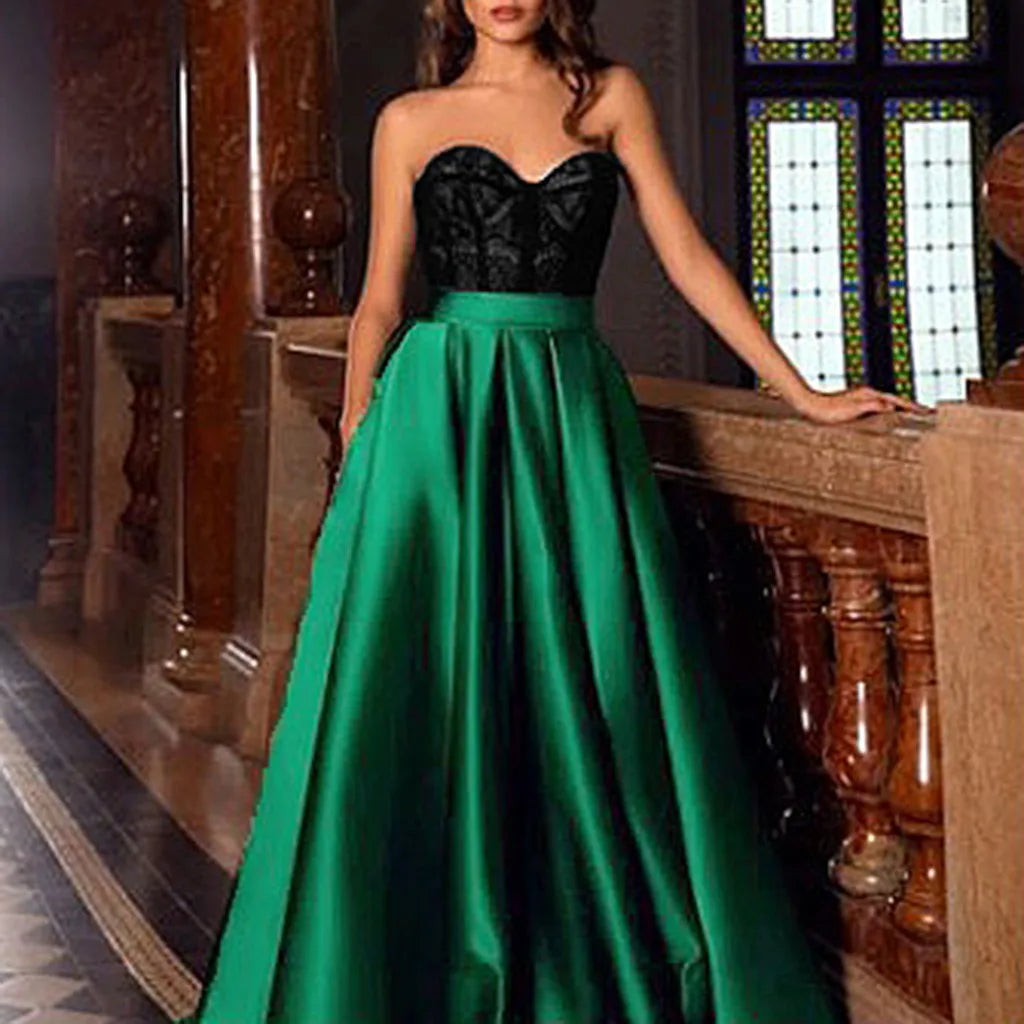 JuliaFashion - High Waist Satin Maxi Elegant Split Strapless A-Line Vintage Sleeveless Ball Gown Evening Party Dress