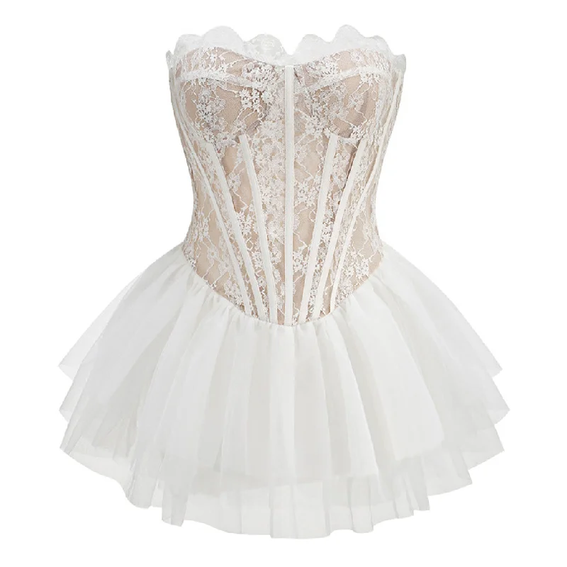 Ethereal Lace Bustier Corset Tiered Tulle Strapless Micro Mini Tutu Dress