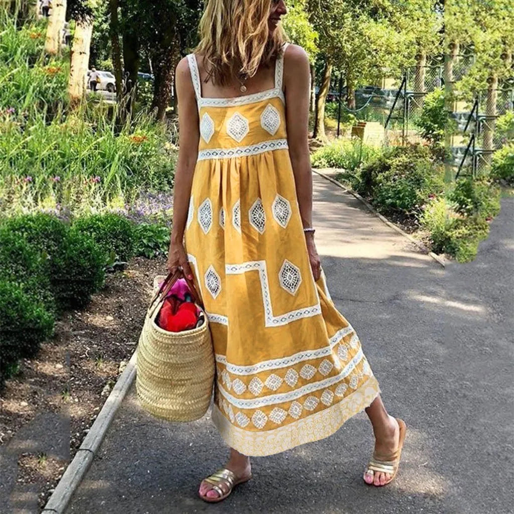 JuliaFashion - Women Summer Beach SunVintage Vestidos Print Strap Boho Style Big Swing Holiday Maxi Female Casual Dress