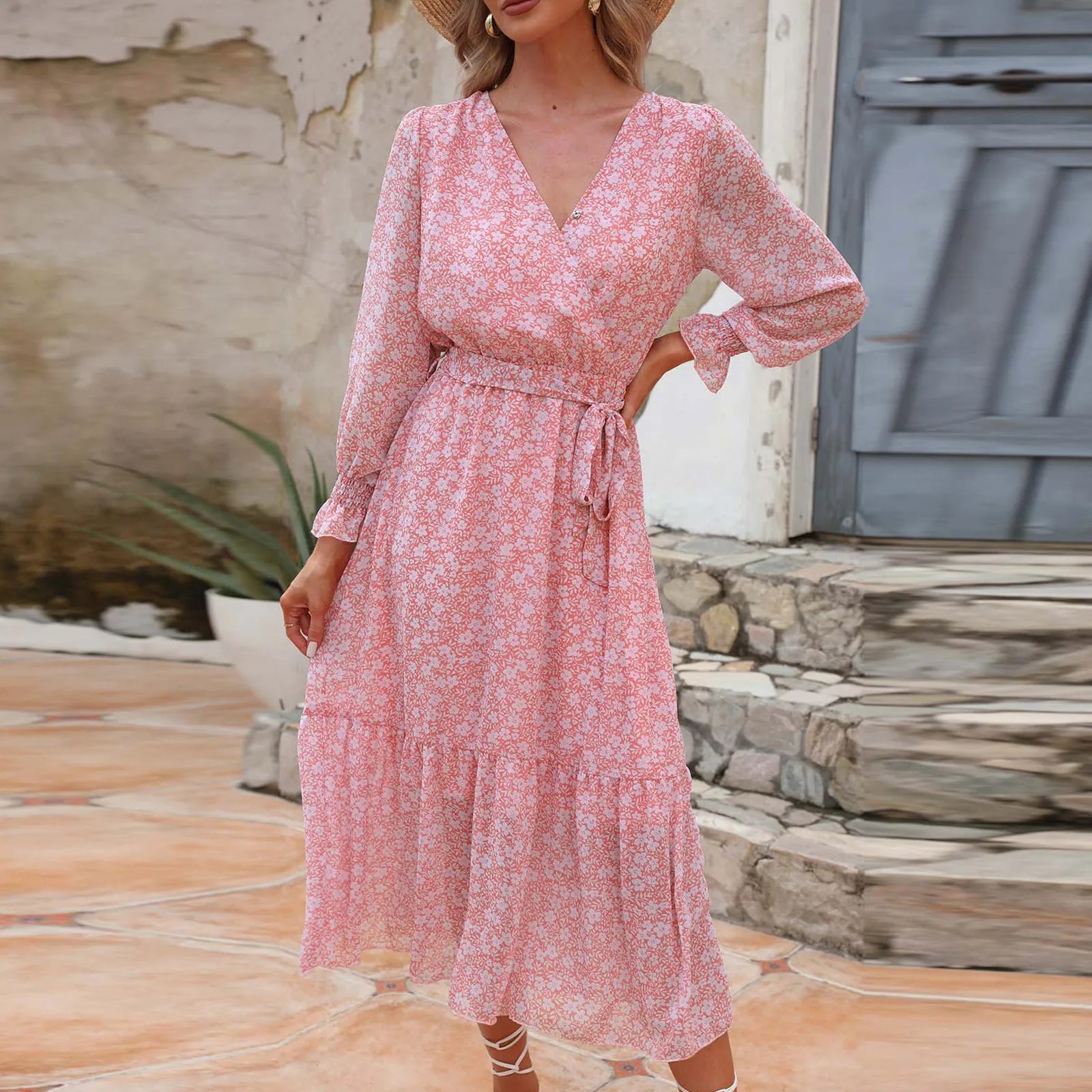 JuliaFashion - Autumn Floral Print Long Maxi Fashion Casual Long Sleeve Wrap V Neck Pleated Belt A Line Flowy 2024 Party Robe Dress