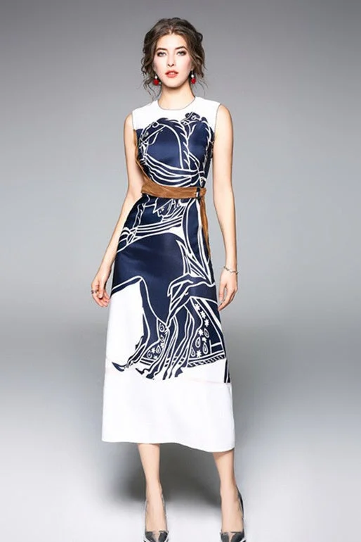 Navy Print Maxi Dress W/ Belt