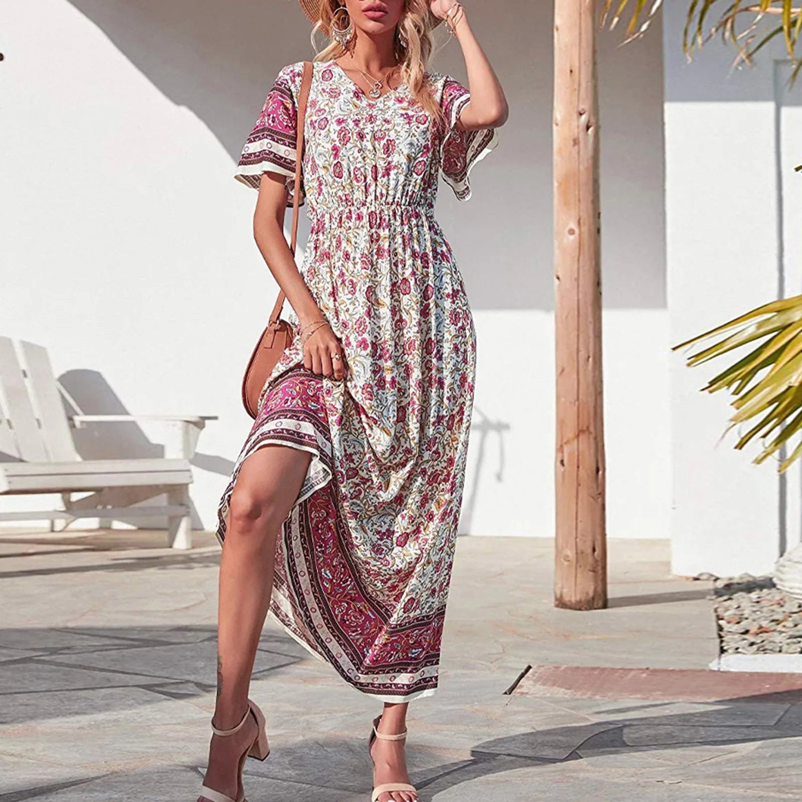 JuliaFashion - Vintage Women Floral Beach Boho Maxi V Neck Short Sleeve Waisted Long Party Casual Ladies Summer Holiday Vestidos Dress