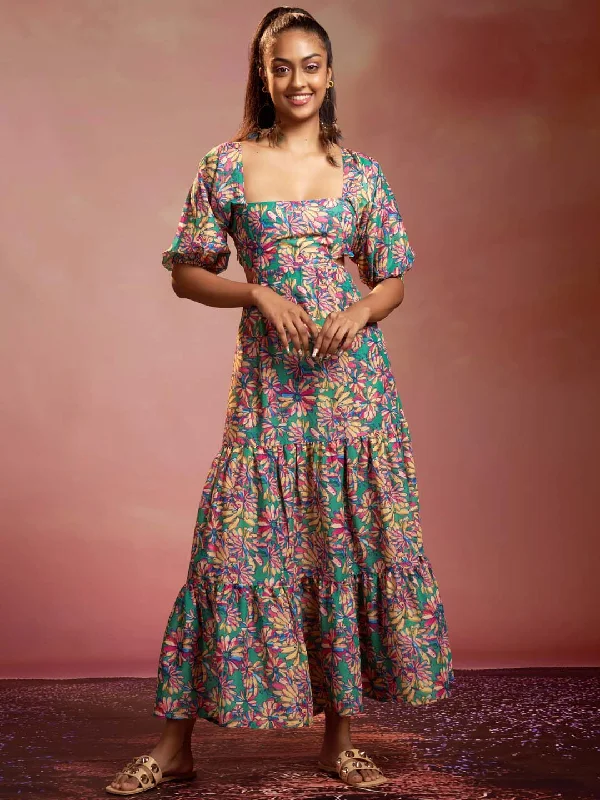 Multicolor Floral Print Muslin Flared Maxi Dress