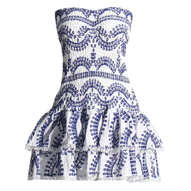 Boho Strapless Smocked Broderie Anglaise Tiered Ruffled Vacation Mini Dress