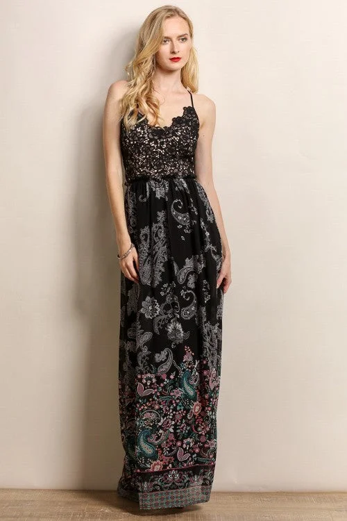 Crochet Floral Print Maxi Dress