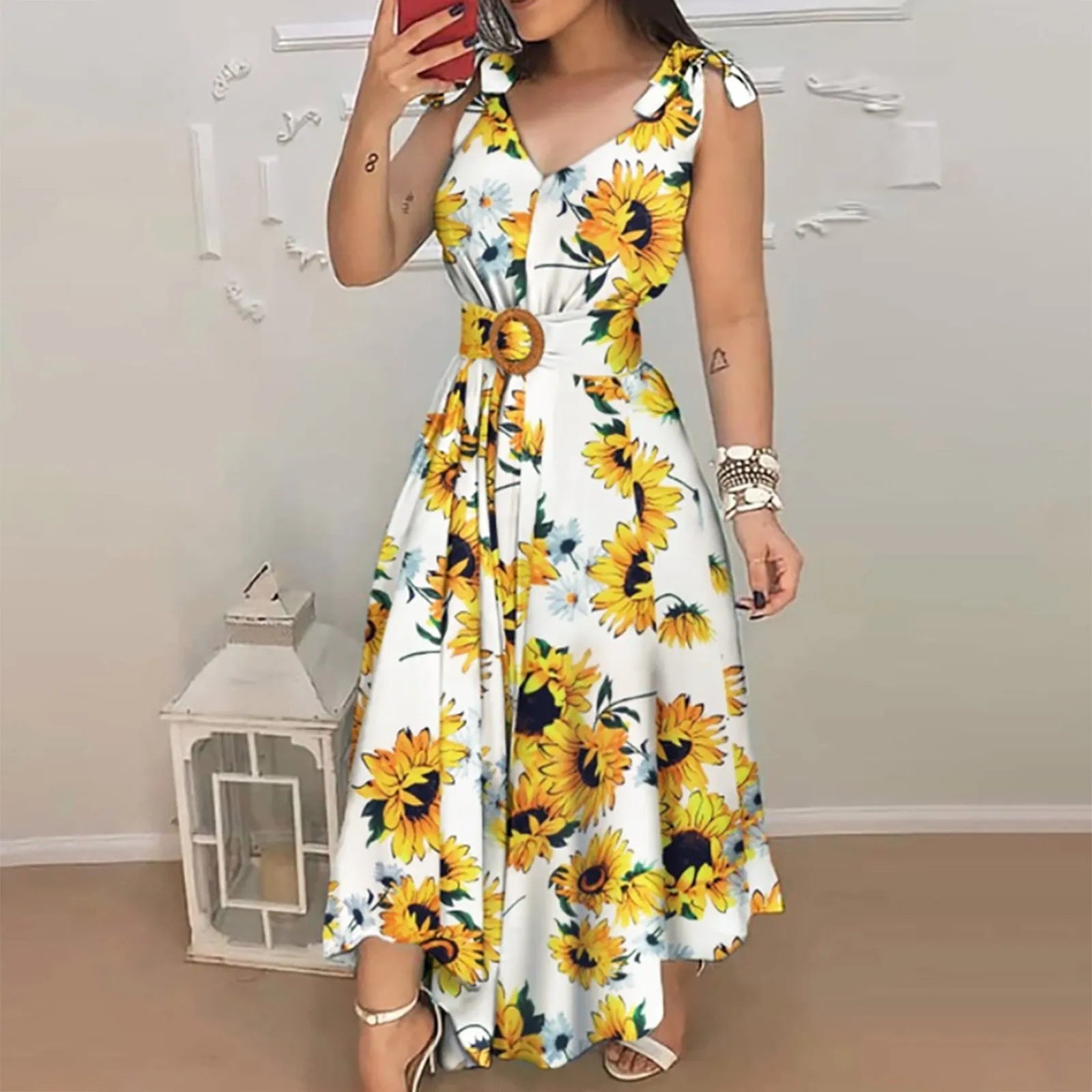 JuliaFashion - Women Fashion Summer Floral Casual Tie Shoulder Sleeveless V Neck Belt Zipper Long Maxi Womens Vintage Dress