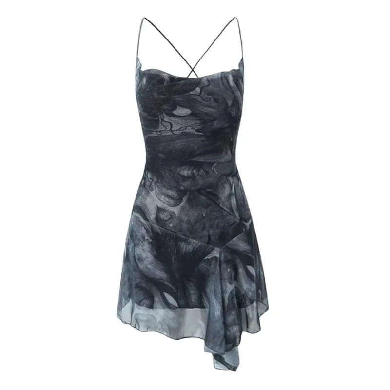 Abstract Print Cowl Neck Lace Up Backless Ruffle Mesh Mini Sundress