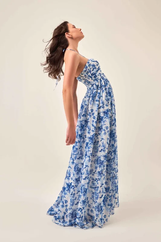 INDIGO FLORAL HALTER NECK MAXI DRESS